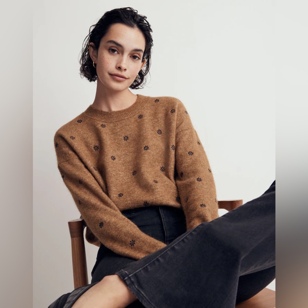 Madewell Embroidered Pullover Sweater in Bronzed Tobacco.